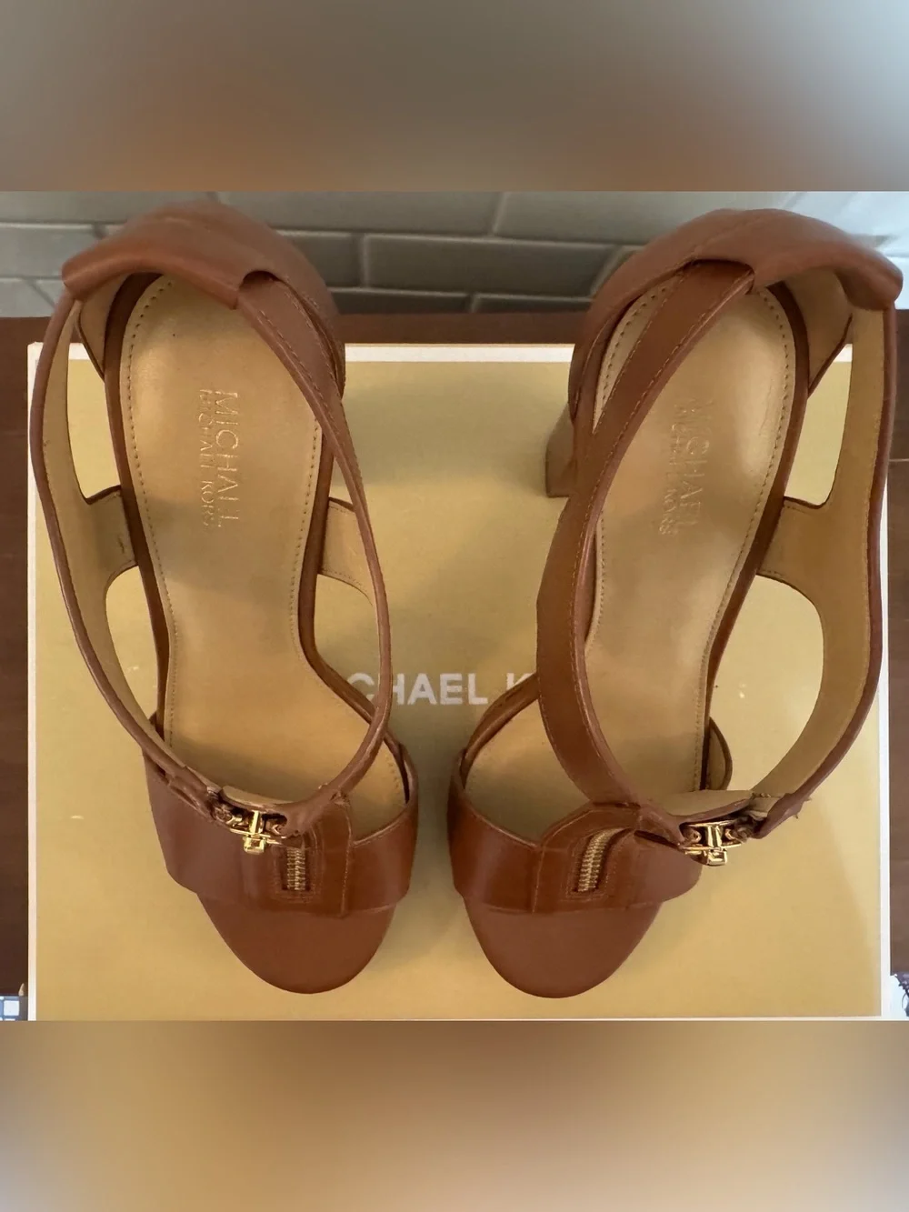 Michael Kors Brown Leather T-Zip Platform Sandal Heels